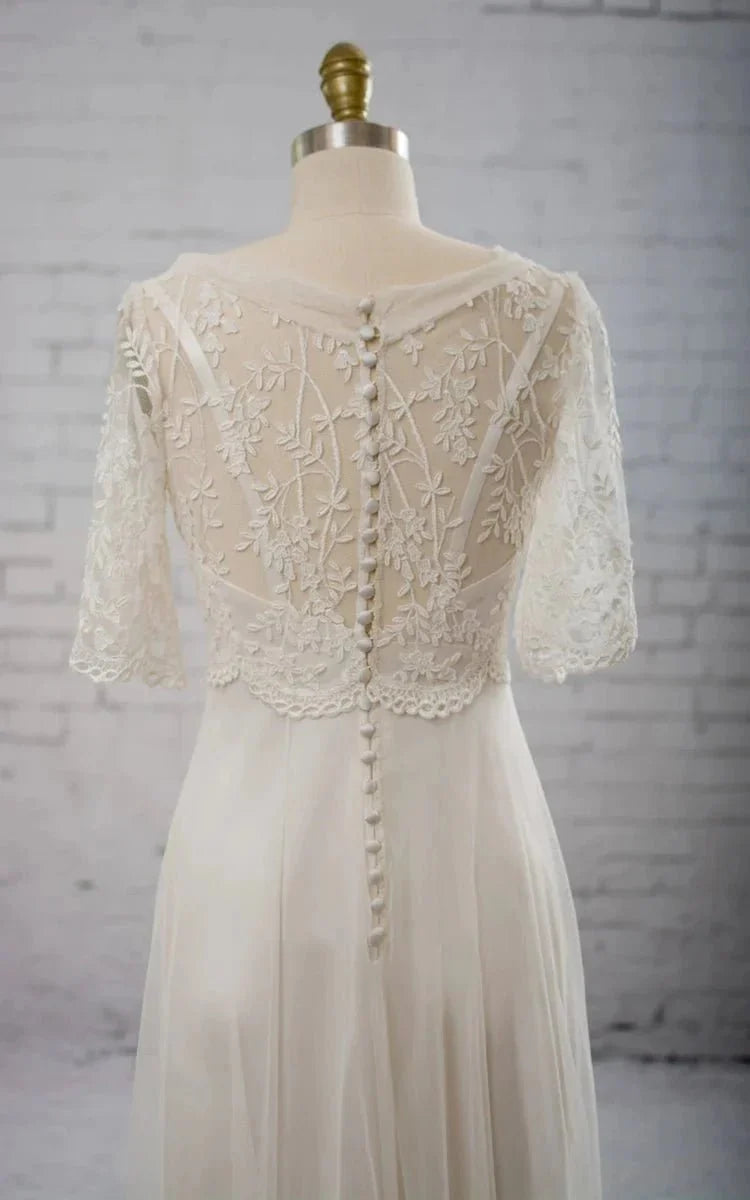 Sweetheart A-line Chiffon Dress With Half-sleeved Illusion Bodice - Curvevia