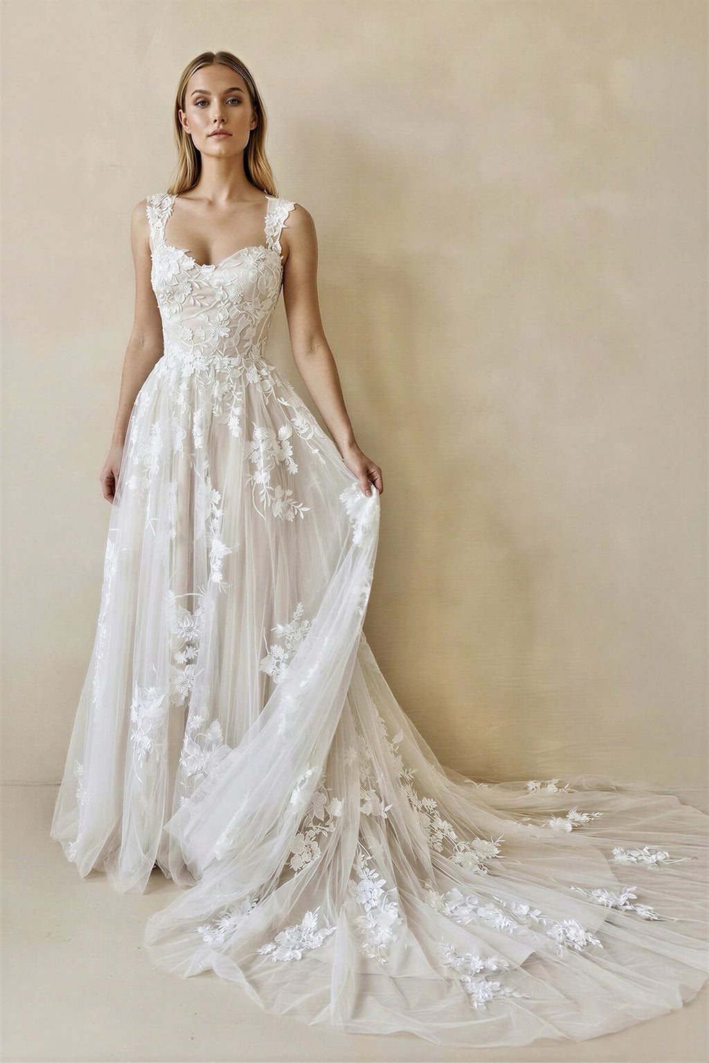 A-Line Straps Sweetheart Wedding Dress with Lace Appliques - Curvevia