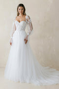 Off-the-Shoulder A Line Long Sleeves Tulle Wedding Dress in White - Curvevia