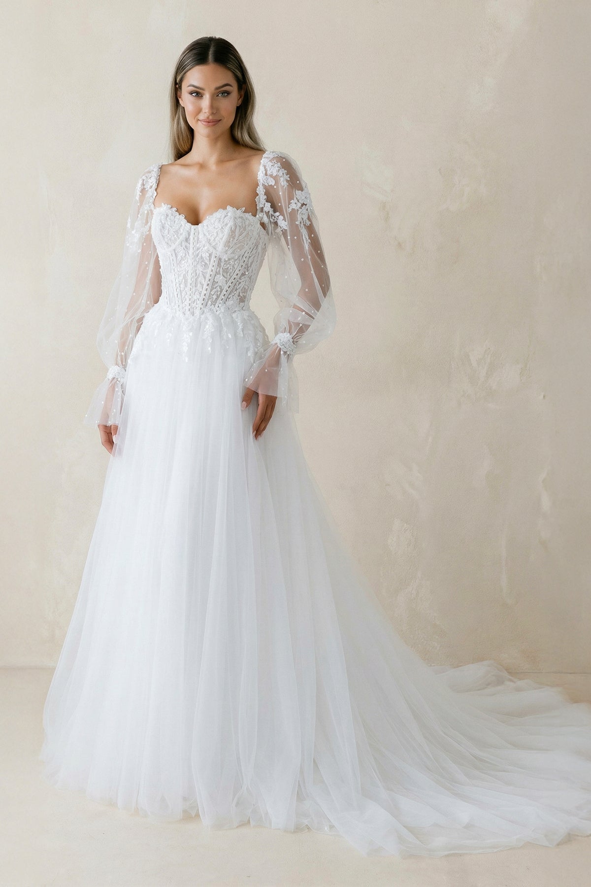 Off-the-Shoulder A Line Long Sleeves Tulle Wedding Dress in White - Curvevia