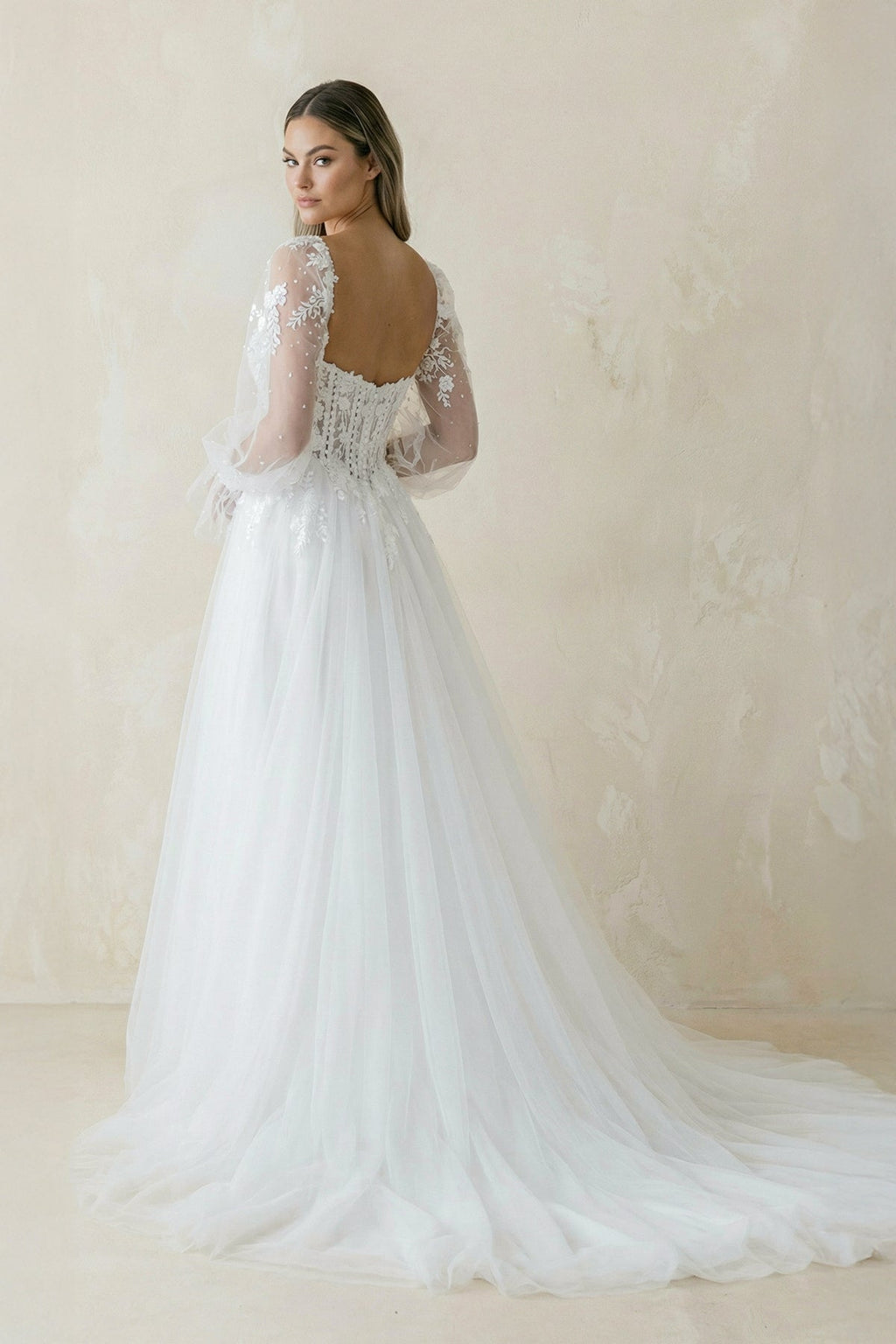 Off-the-Shoulder A Line Long Sleeves Tulle Wedding Dress in White - Curvevia