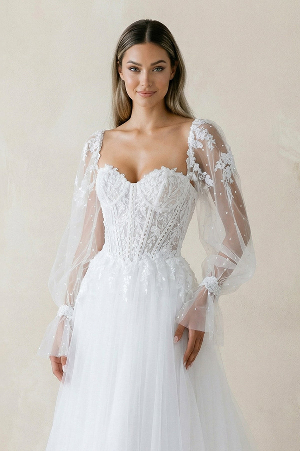 Off-the-Shoulder A Line Long Sleeves Tulle Wedding Dress in White - Curvevia