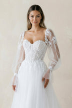 Off-the-Shoulder A Line Long Sleeves Tulle Wedding Dress in White - Curvevia