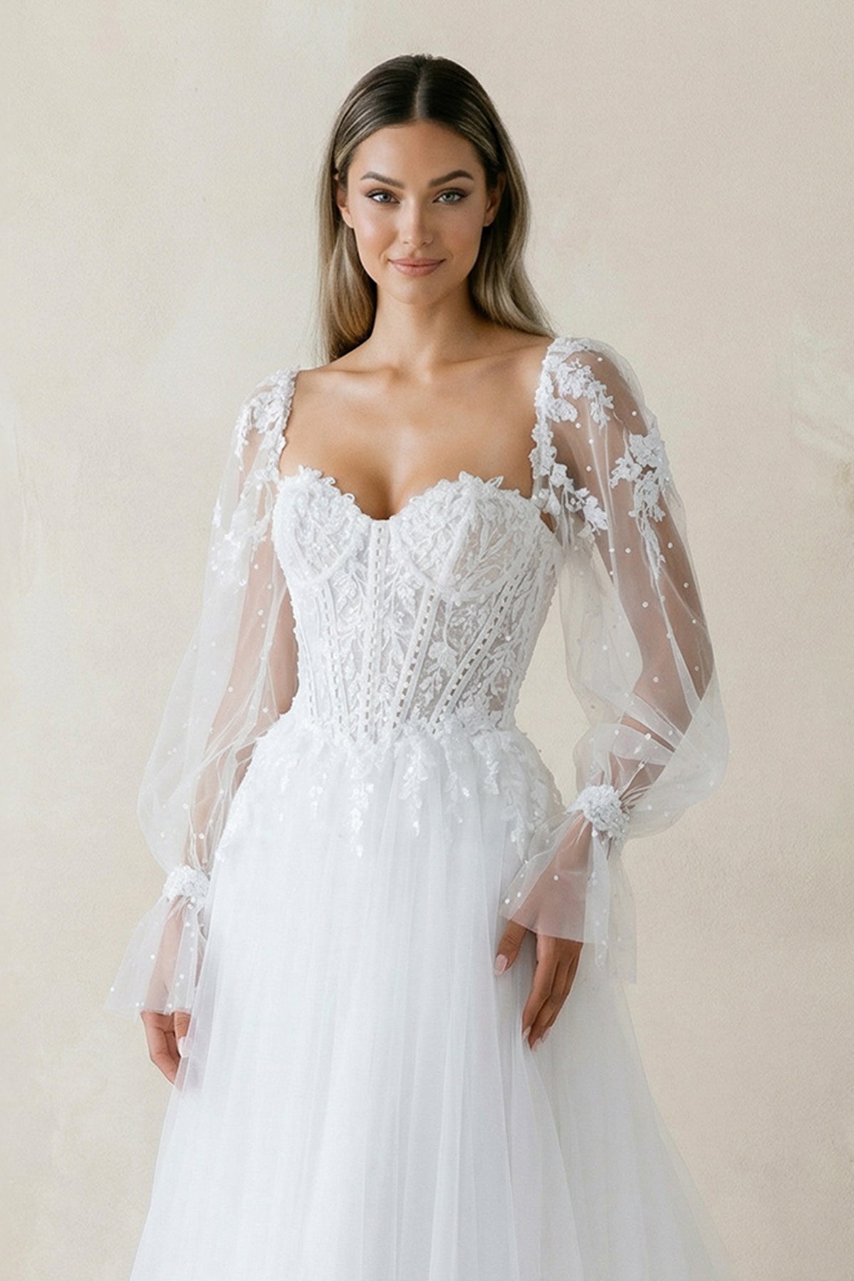 Off-the-Shoulder A Line Long Sleeves Tulle Wedding Dress in White - Curvevia