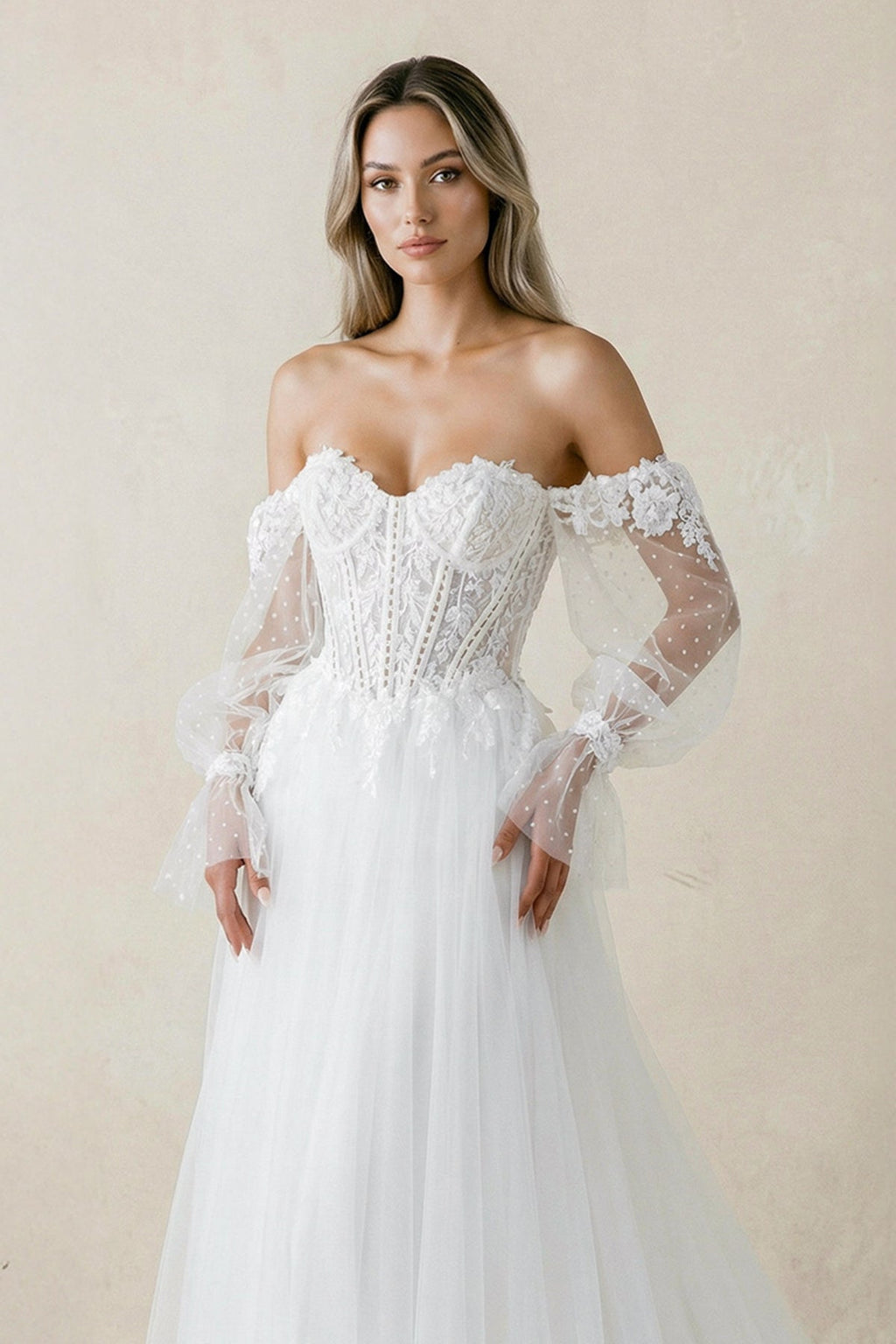 Off-the-Shoulder A Line Long Sleeves Tulle Wedding Dress in White - Curvevia