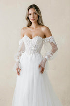 Off-the-Shoulder A Line Long Sleeves Tulle Wedding Dress in White - Curvevia