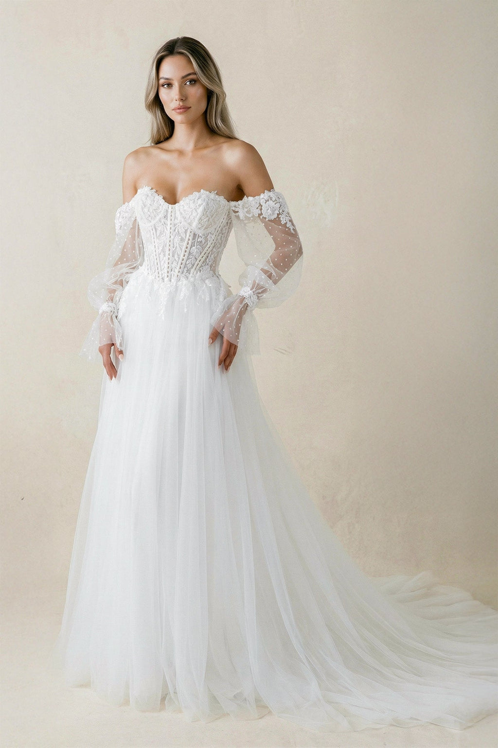 Off-the-Shoulder A Line Long Sleeves Tulle Wedding Dress in White - Curvevia