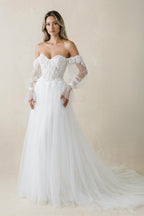 Off-the-Shoulder A Line Long Sleeves Tulle Wedding Dress in White - Curvevia