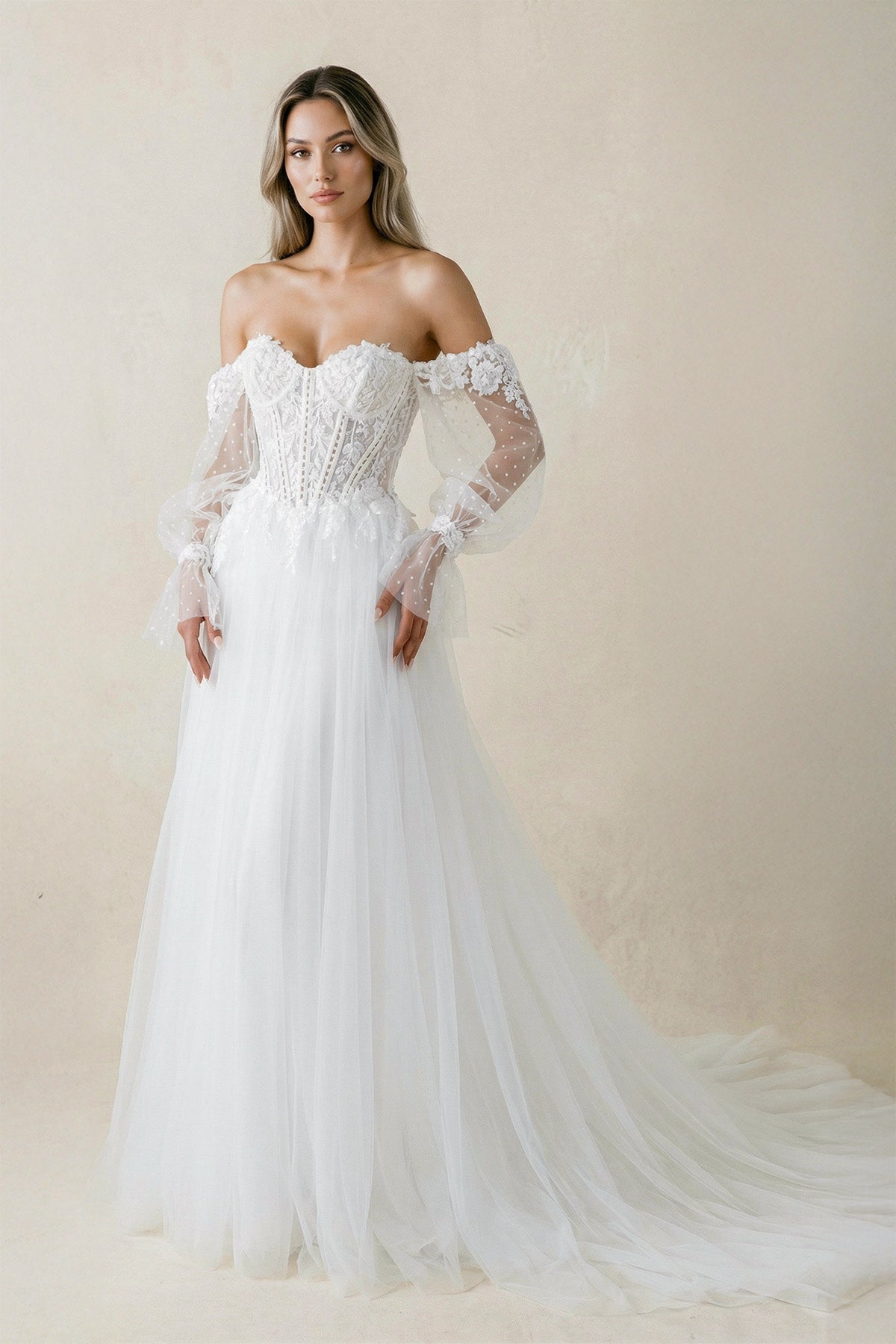 Off-the-Shoulder A Line Long Sleeves Tulle Wedding Dress in White - Curvevia