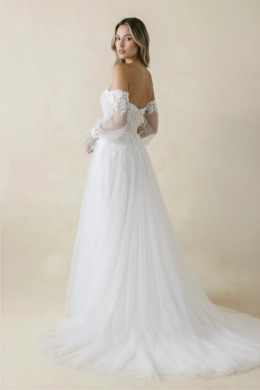 Off-the-Shoulder A Line Long Sleeves Tulle Wedding Dress in White - Curvevia