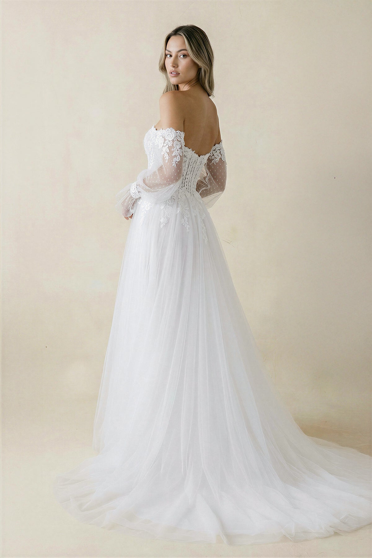 Off-the-Shoulder A Line Long Sleeves Tulle Wedding Dress in White - Curvevia