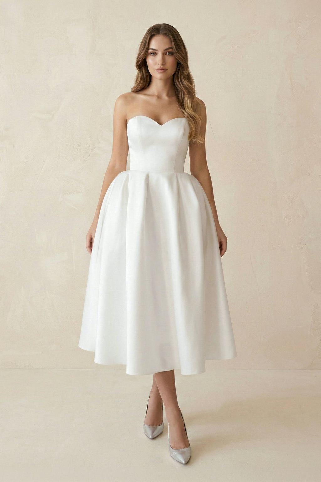 Short Satin Sweetheart Tea-length Bridal Dress for Casual Wedding - Curvevia