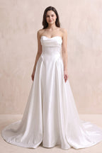Sweetheart A-Line Satin Ruched Wedding Dress in White - Curvevia