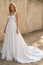 A-line Off-the-Shoulder Sleeveless Satin Simple Bride Wedding Dress - Curvevia