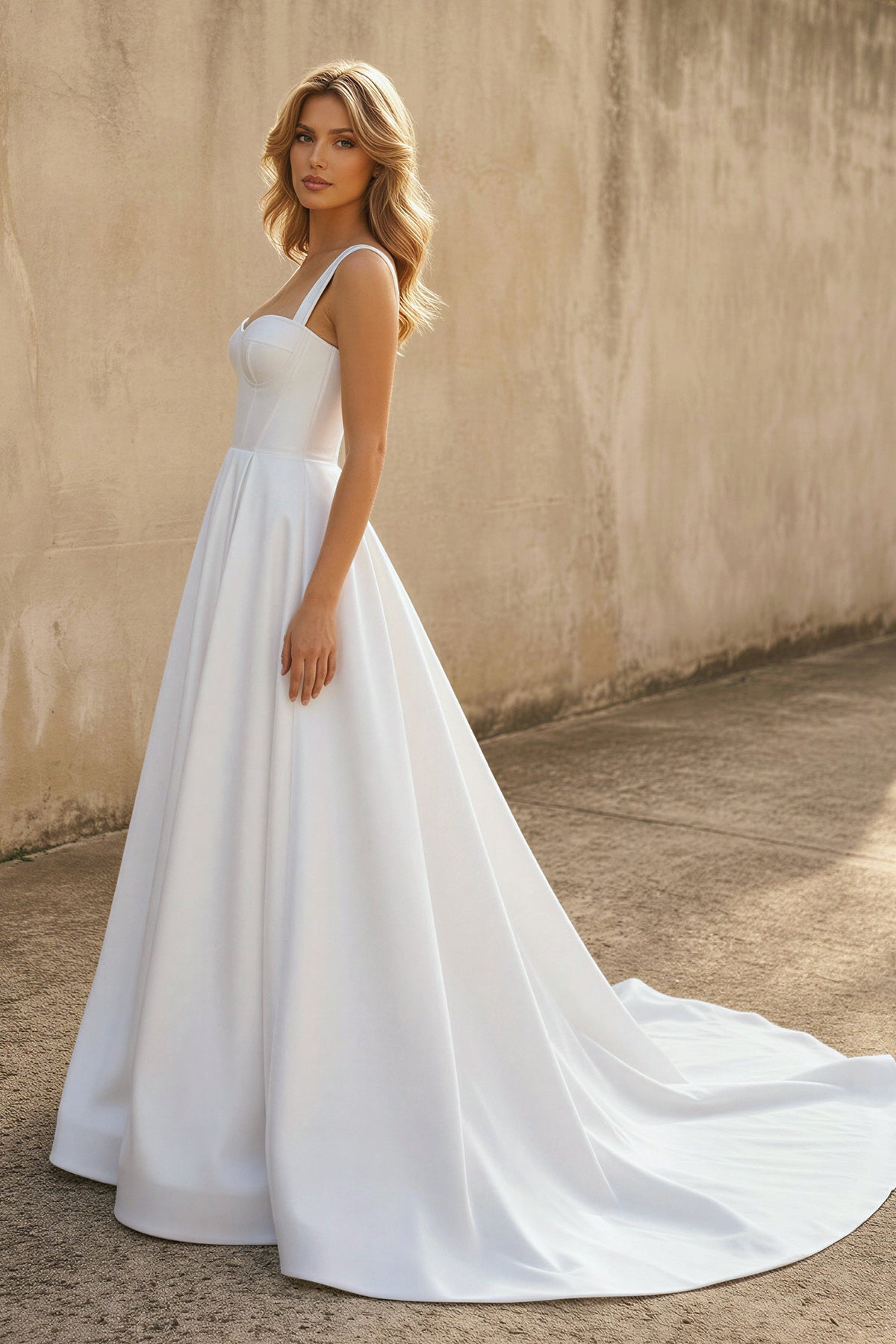 A-line Off-the-Shoulder Sleeveless Satin Simple Bride Wedding Dress - Curvevia