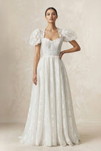 Sweetheart A-Line Tulle Puff Sleeve Wedding Dress in Ivory - Curvevia
