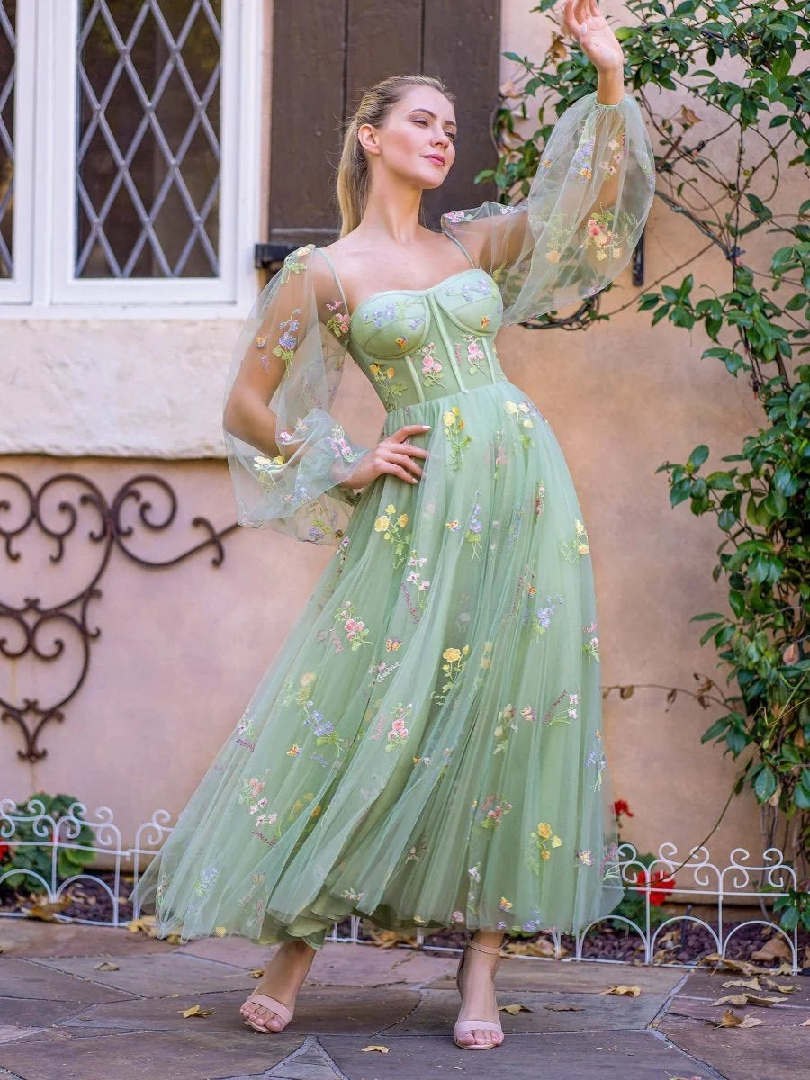 Square Neck Embroidery Tea-Length Tulle Puff Sleeves Floral Corset Wedding Guest Dress - Curvevia