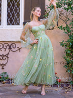 Square Neck Embroidery Tea-Length Tulle Puff Sleeves Floral Corset Wedding Guest Dress - Curvevia