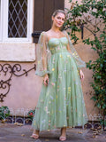 Square Neck Embroidery Tea-Length Tulle Puff Sleeves Floral Corset Wedding Guest Dress - Curvevia