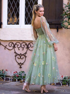 Square Neck Embroidery Tea-Length Tulle Puff Sleeves Floral Corset Wedding Guest Dress - Curvevia
