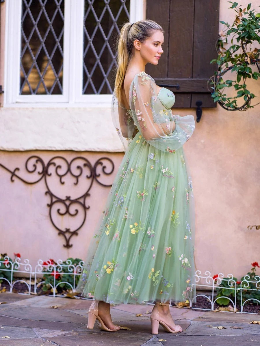 Square Neck Embroidery Tea-Length Tulle Puff Sleeves Floral Corset Wedding Guest Dress - Curvevia