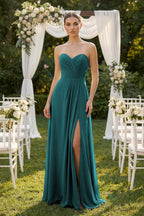 Sweetheart Chiffon A-Line Bridesmaid Dress with Slit in Pine - Curvevia