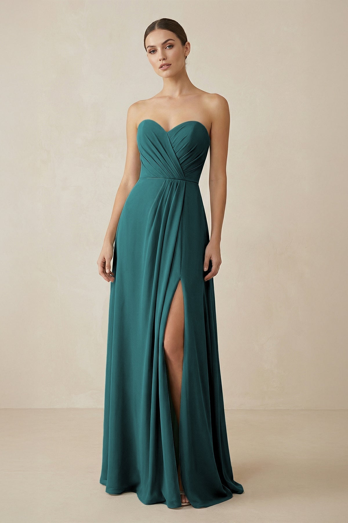Sweetheart Chiffon A-Line Bridesmaid Dress with Slit in Pine - Curvevia