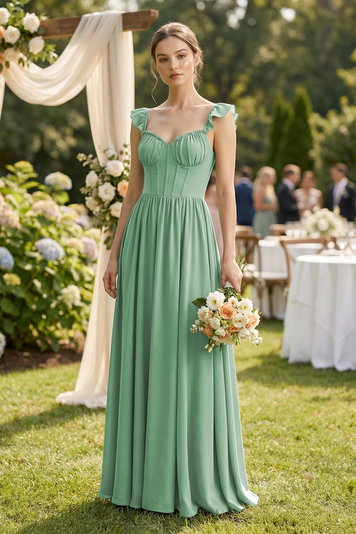 Sweetheart Chiffon Ruffled A-Line Corset Bridesmaid Dress in Sea Glass - Curvevia