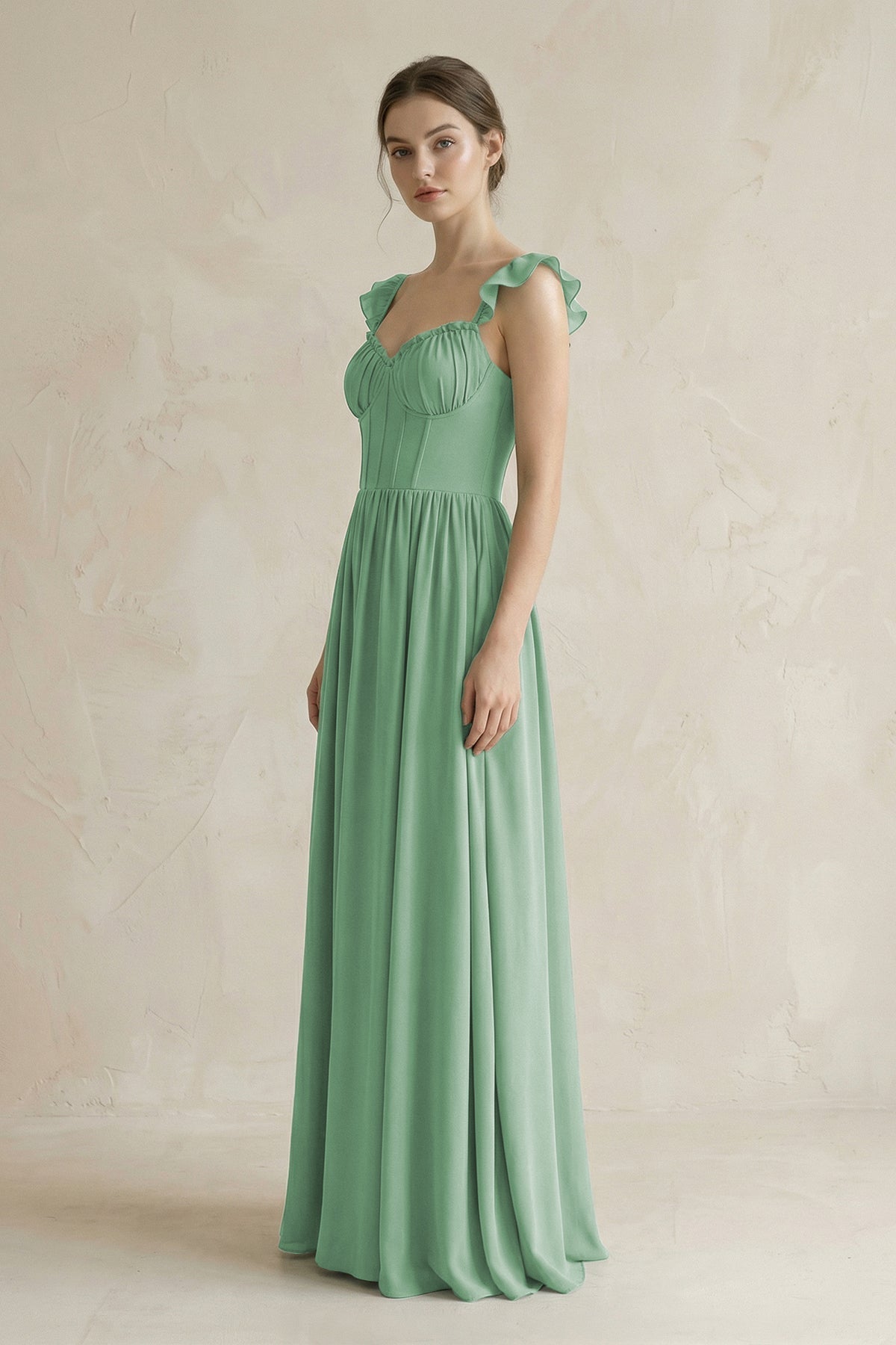Sweetheart Chiffon Ruffled A-Line Corset Bridesmaid Dress in Sea Glass - Curvevia