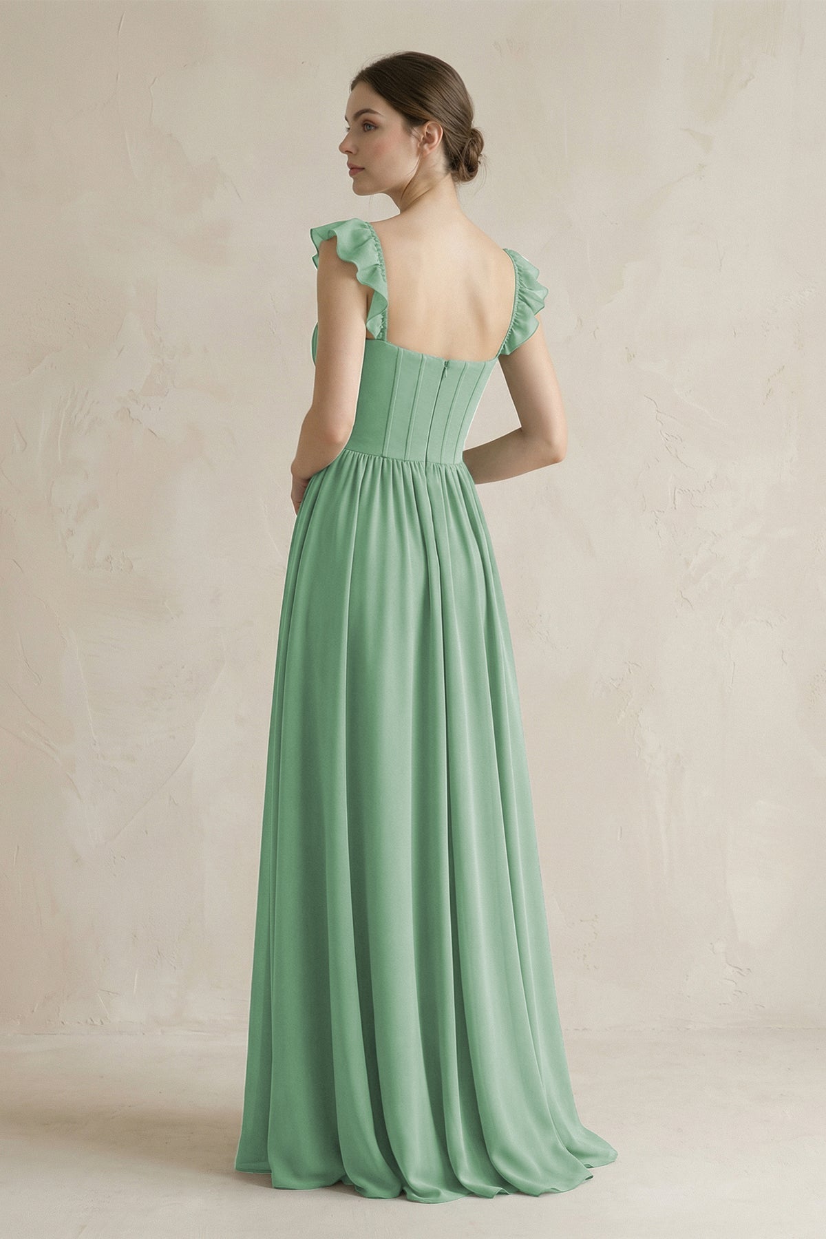 Sweetheart Chiffon Ruffled A-Line Corset Bridesmaid Dress in Sea Glass - Curvevia