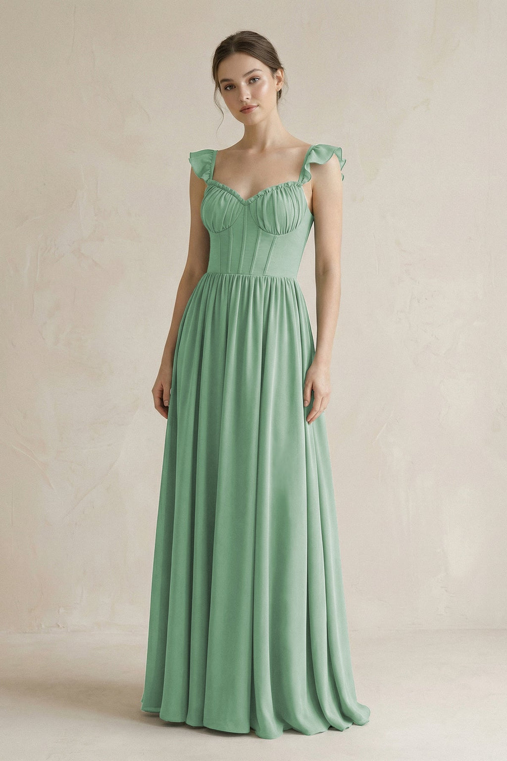 Sweetheart Chiffon Ruffled A-Line Corset Bridesmaid Dress in Sea Glass - Curvevia