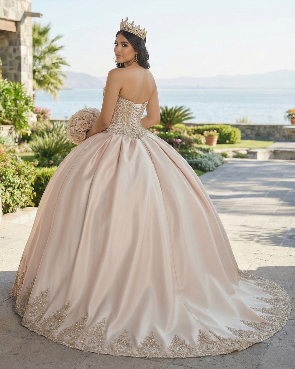 Sweetheart Embroidery Satin  Champagne Quinceanera Dresses Lace Ball Gowns - Curvevia
