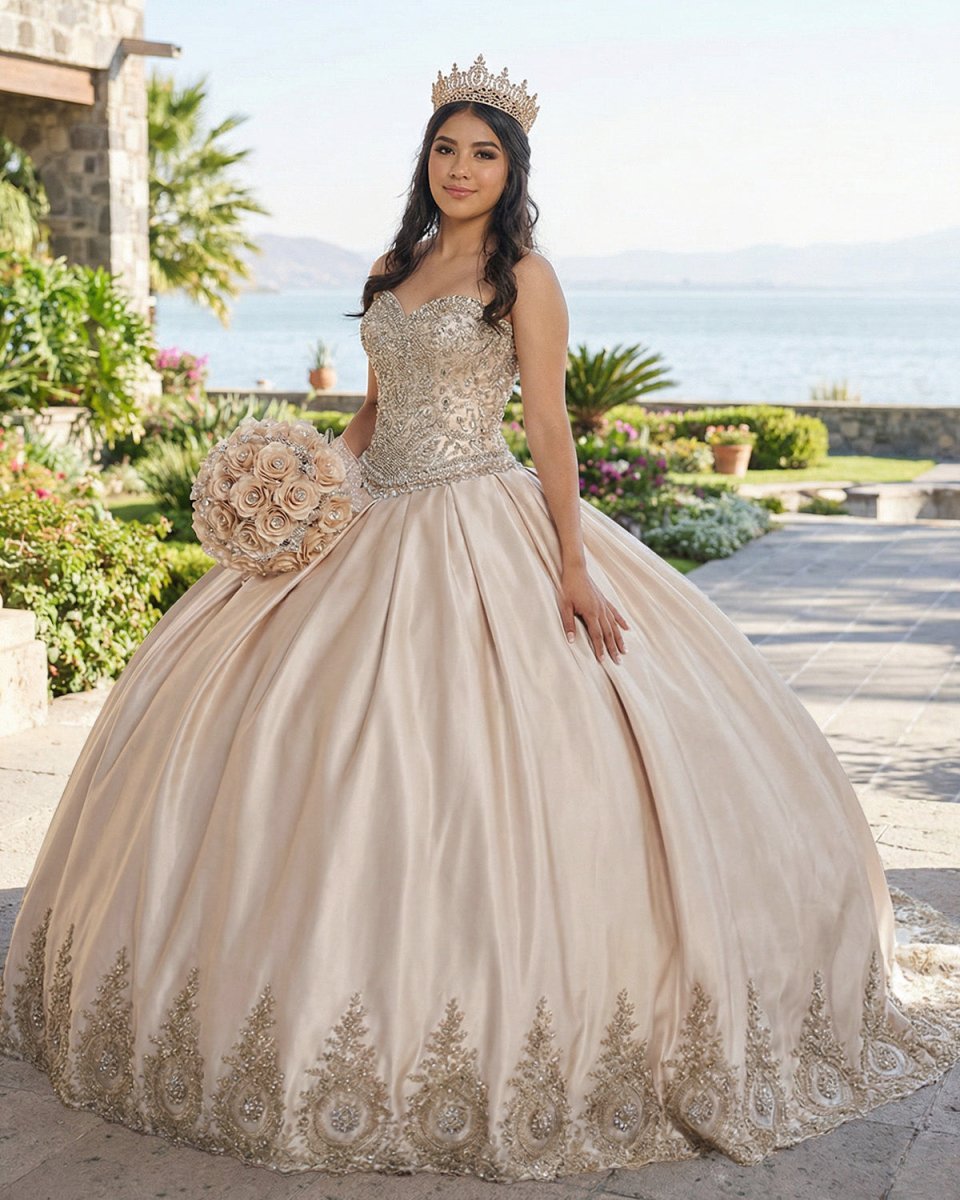 Sweetheart Embroidery Satin  Champagne Quinceanera Dresses Lace Ball Gowns - Curvevia