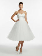 Sweetheart Empire Tea-Length Tulle Wedding Dress With Lace-Up Back - Curvevia
