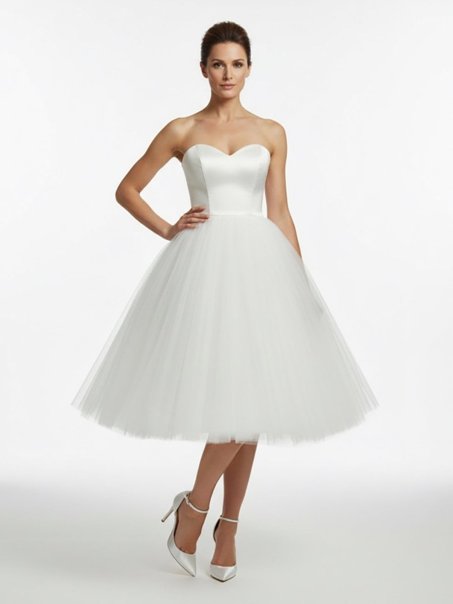 Sweetheart Empire Tea-Length Tulle Wedding Dress With Lace-Up Back - Curvevia