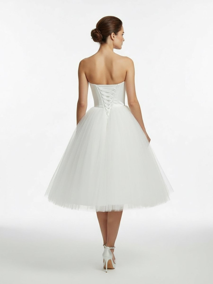 Sweetheart Empire Tea-Length Tulle Wedding Dress With Lace-Up Back - Curvevia
