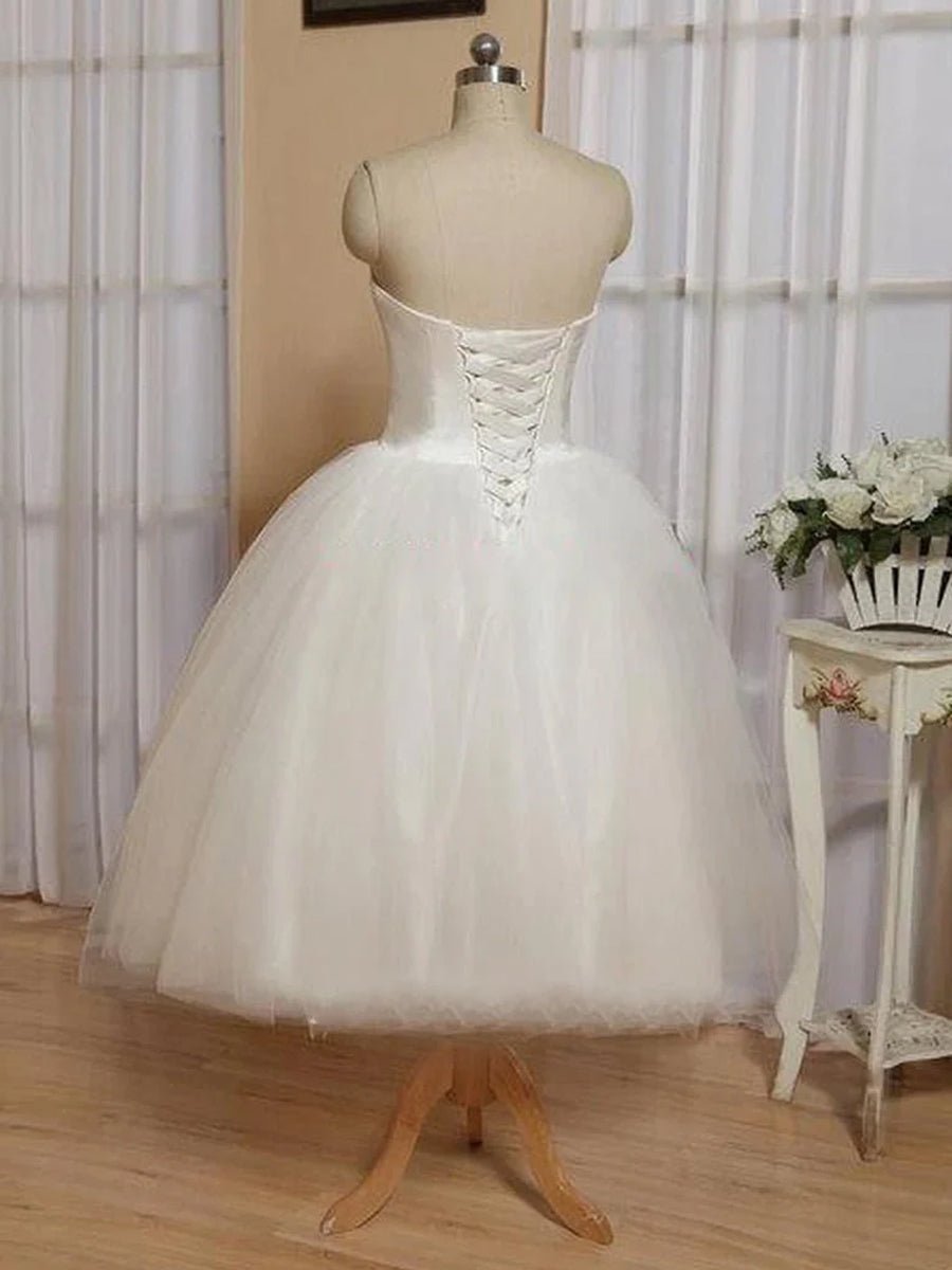 Sweetheart Empire Tea-Length Tulle Wedding Dress With Lace-Up Back - Curvevia