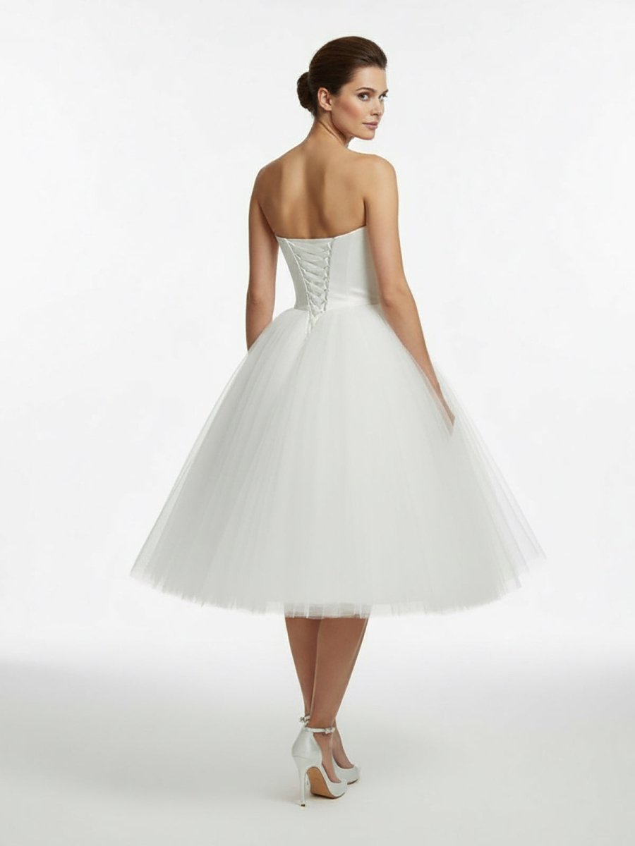 Sweetheart Empire Tea-Length Tulle Wedding Dress With Lace-Up Back - Curvevia