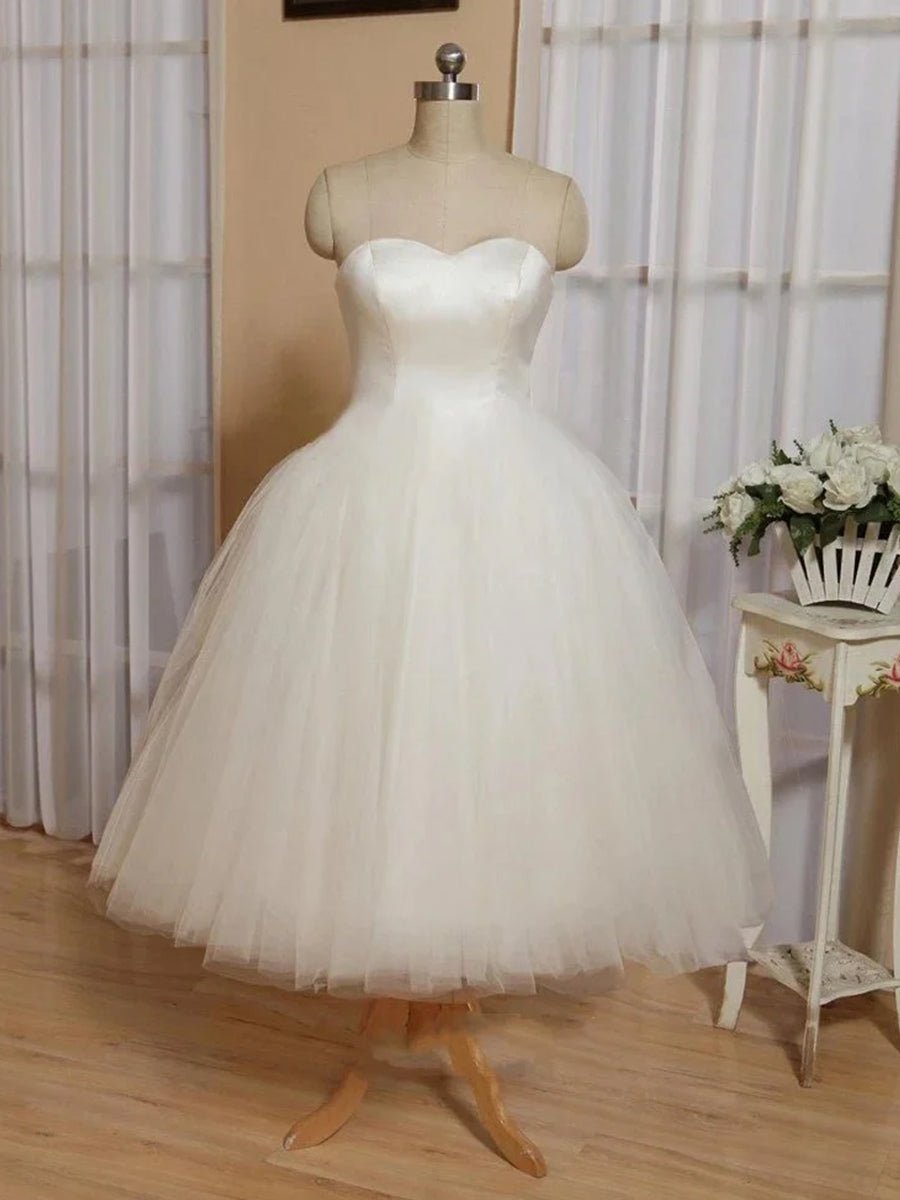 Sweetheart Empire Tea-Length Tulle Wedding Dress With Lace-Up Back - Curvevia