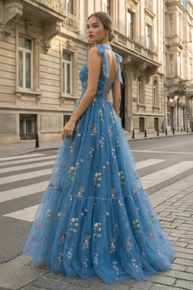 Spaghetti Straps Neck Floor Length Tulle Embroidery Floral Evening Dress - Curvevia