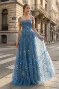 Spaghetti Straps Neck Floor Length Tulle Embroidery Floral Evening Dress - Curvevia
