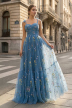 Spaghetti Straps Neck Floor Length Tulle Embroidery Floral Evening Dress - Curvevia