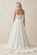 Plunge Lace A-Line Ruched Wedding Dress in White - Curvevia
