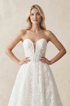 Plunge Lace A-Line Ruched Wedding Dress in White - Curvevia