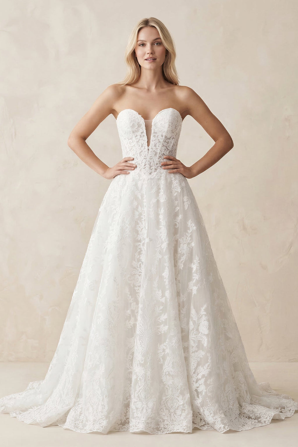 Plunge Lace A-Line Ruched Wedding Dress in White - Curvevia
