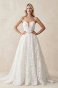 Plunge Lace A-Line Ruched Wedding Dress in White - Curvevia