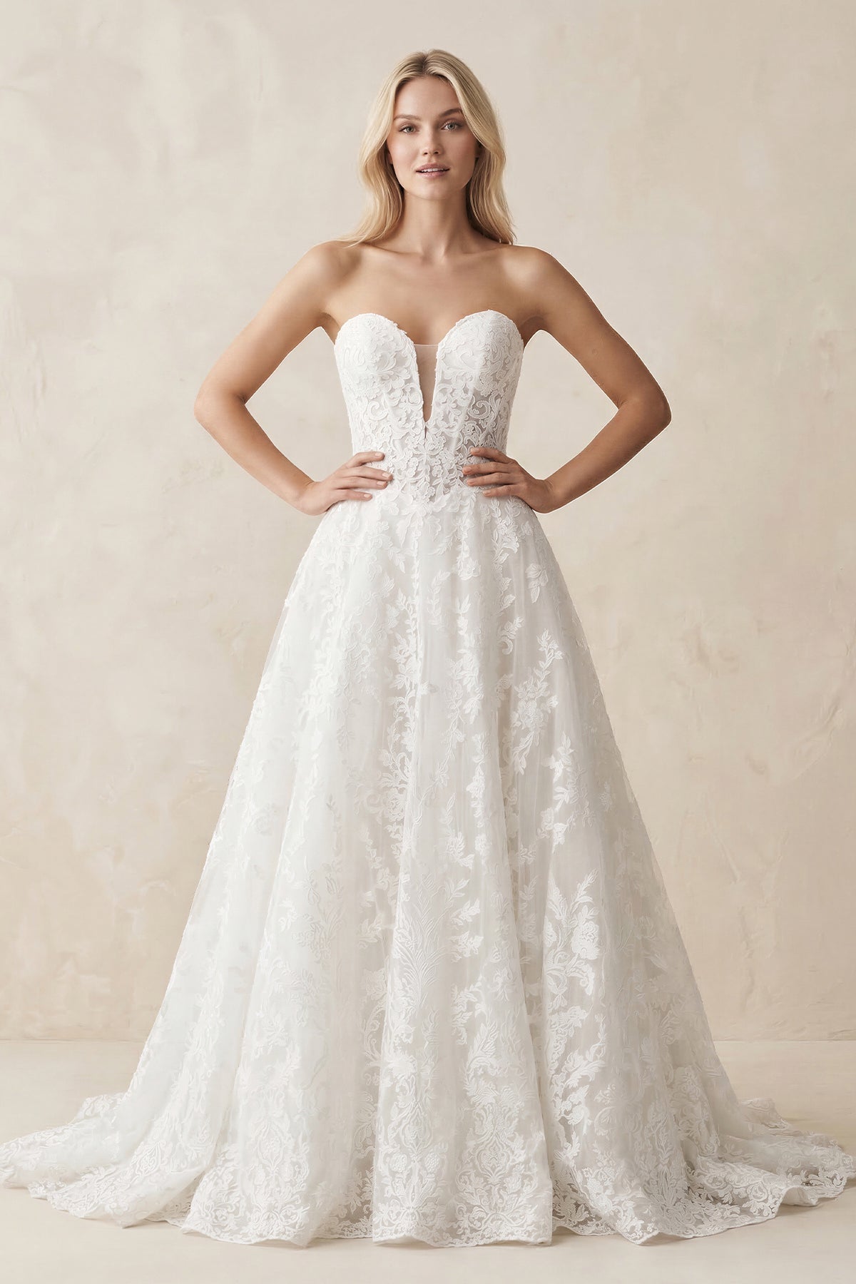 Plunge Lace A-Line Ruched Wedding Dress in White - Curvevia