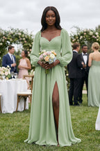 Sweetheart Long Sleeve A-Line Bridesmaid Dress in Sage - Curvevia