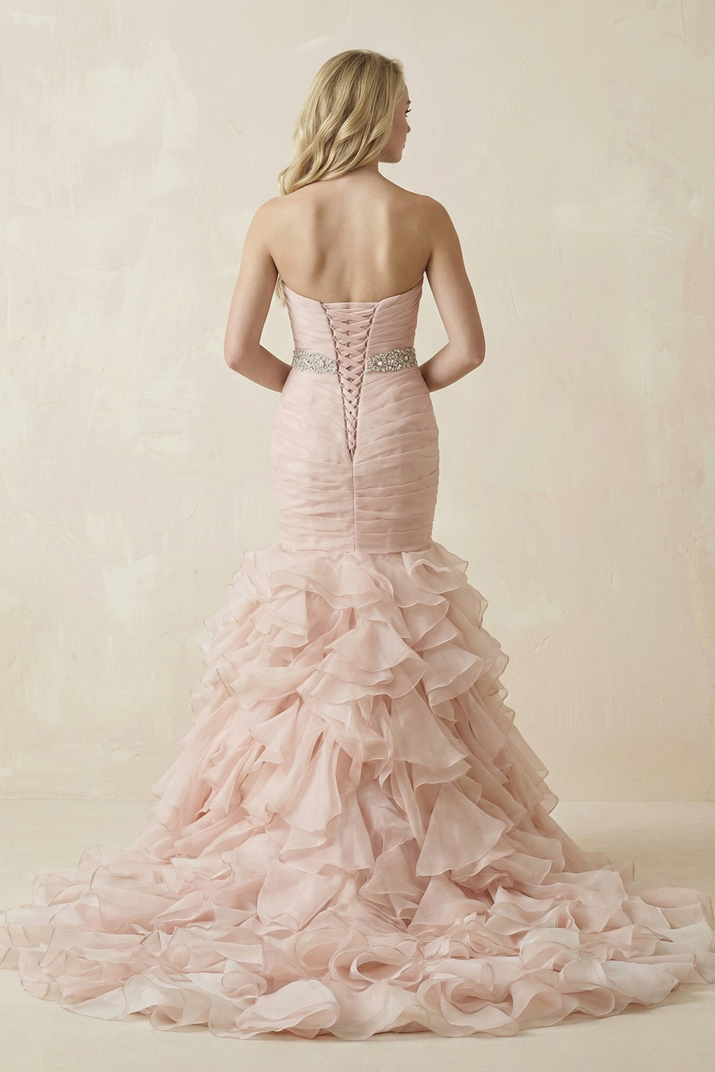 Sweetheart Tiered Train Organza Mermaid Pink Wedding Dress with Beading - Curvevia
