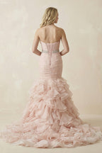 Sweetheart Tiered Train Organza Mermaid Pink Wedding Dress with Beading - Curvevia